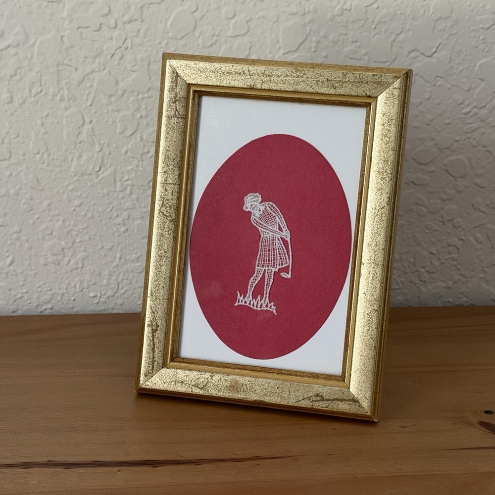 Vintage Hand Made Lace Art Golf Woman Gold Frame Textile Decor Country Club